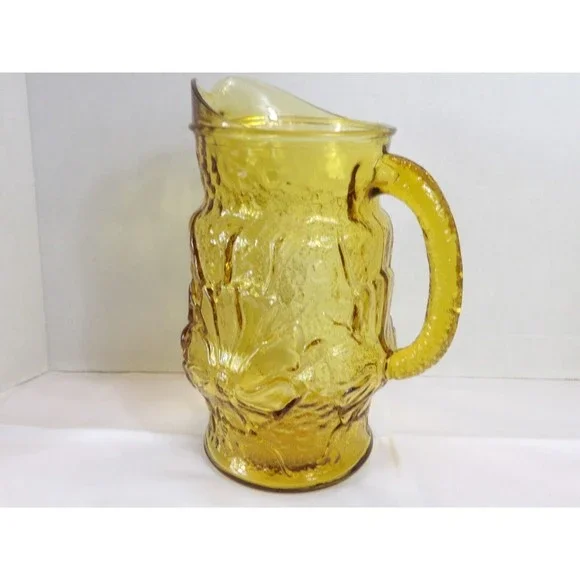 Vtg MCM Anchor Hocking Rain Flower Amber Glass Crinkle Pitcher Retro 10” 72 Oz - Picture 2 of 8